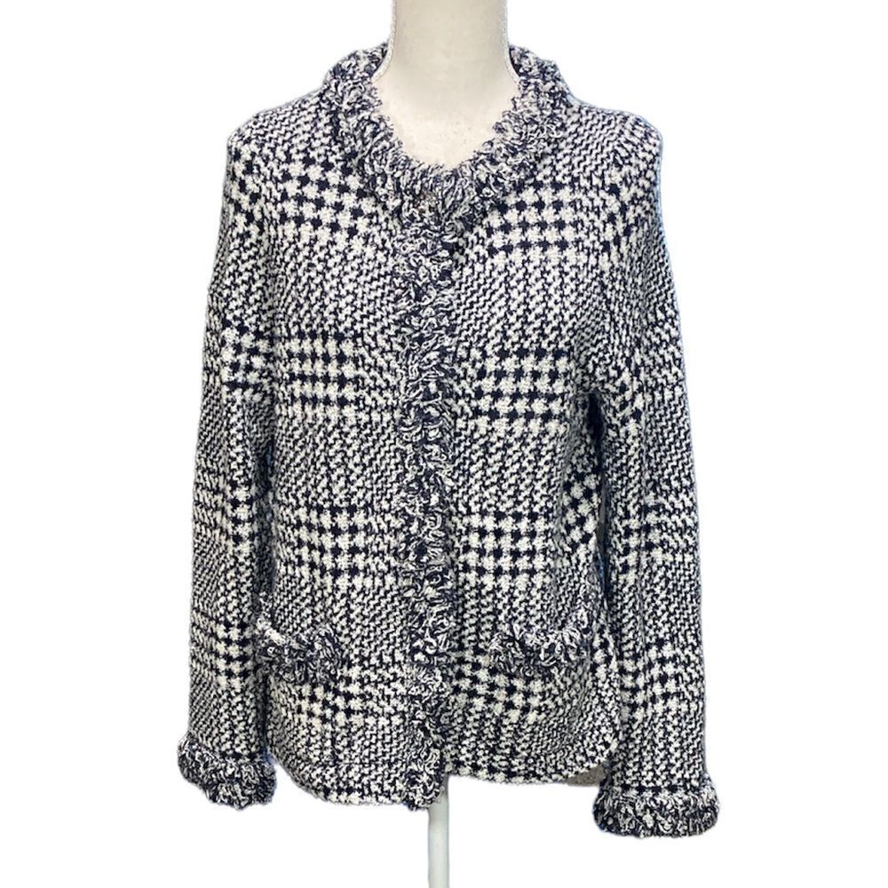 Marks & Spencer VTG Snap Closure Sweater Navy Glen Plaid Fringe Sz 14 Uk US 10